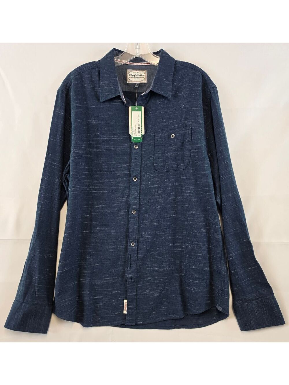 Flag & Anthem Men's Long Sleeve Button-Up Shirt, 100% Cotton, Navy Blue, Size L